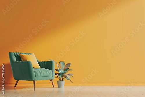 Home interior with an green armchair on empty orange wall background,Minimal room- 3D rendering