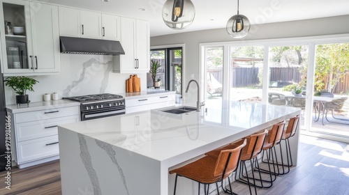 Modern Kitchen Island with White Cabinets and Marble Countertops