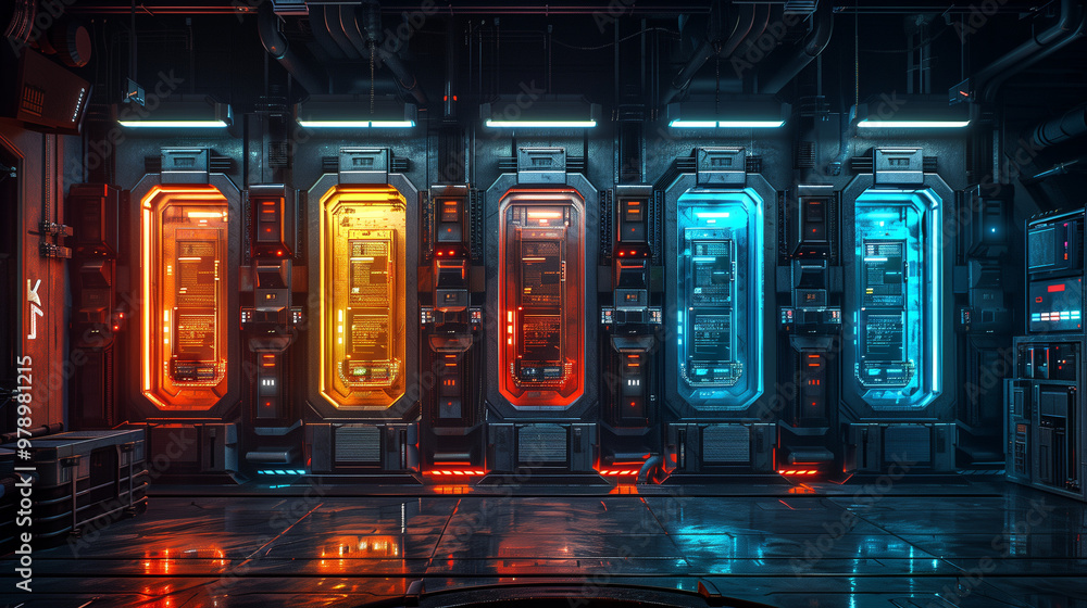 High-tech server room with vibrant orange and blue lighting, showcasing advanced technology in a sci-fi setting High-tech server room with vibrant orange and blue lighting, showcasing advanced technology in a sci-fi setting