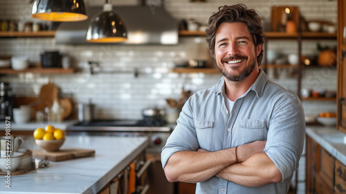 A nice smiling man in the modern kitchen