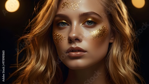 Fashion editorial Concept. Stunning golden hair beautiful woman girl high fashion striking gold glitter shimmer. illuminated with dynamic composition and dramatic lighting