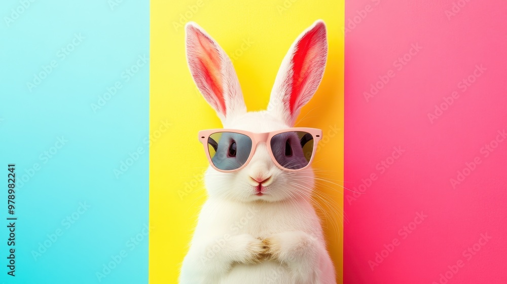 Cool Bunny Wearing Sunglasses Against Colorful Background Cool Bunny Wearing Sunglasses Against Colorful Background