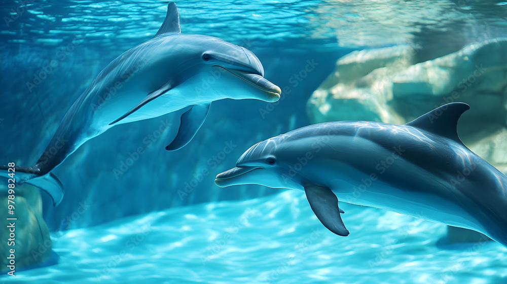 Obraz premium A pod of playful dolphins leaps joyfully through the crystal-clear, azure sea, their sleek bodies glistening in the sunlight