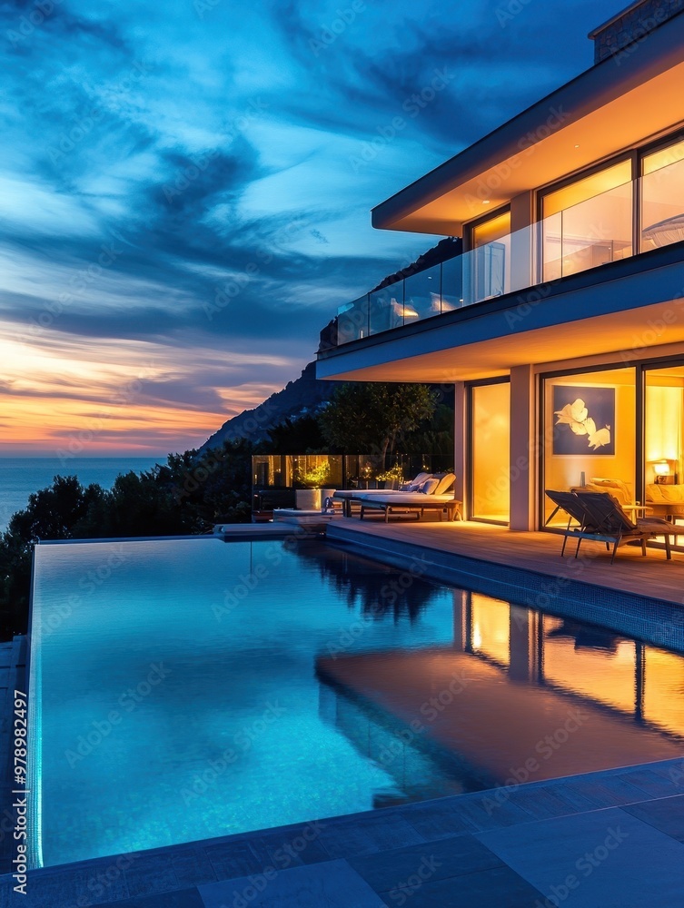 Fototapeta premium Modern Villa with Infinity Pool and Ocean View at Sunset