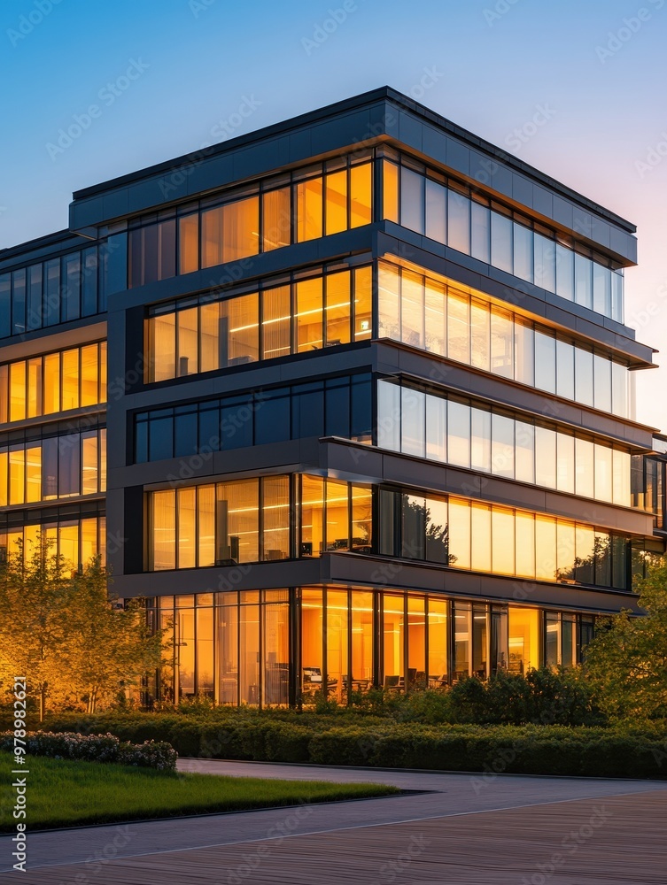 Fototapeta premium Modern Office Building with Illuminated Windows at Dusk