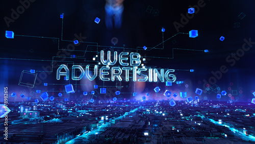 Web Advertising - businessman working with virtual reality at office.