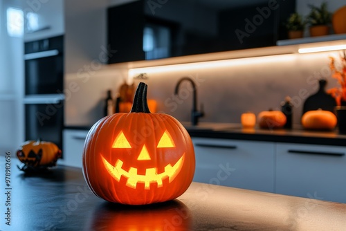 modern kitchen interior decorated for halloween. ai generated