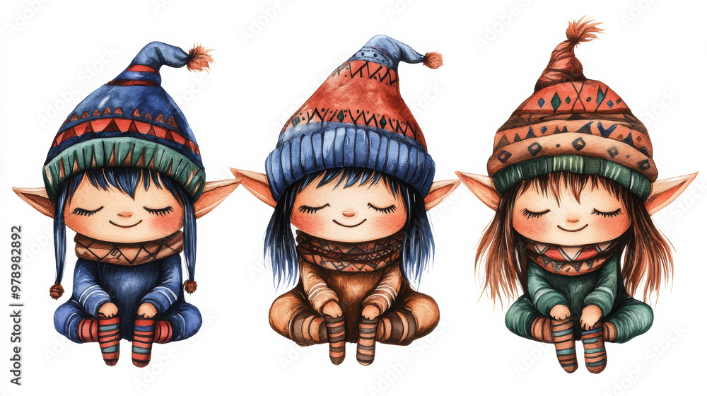 Cute boho Christmas elf clipart featuring three whimsical elves with tribal accents, each wearing colorful hats and cozy outfits, radiating joy and holiday spirit Cute boho Christmas elf clipart featuring three whimsical elves with tribal accents, each wearing colorful hats and cozy outfits, radiating joy and holiday spirit