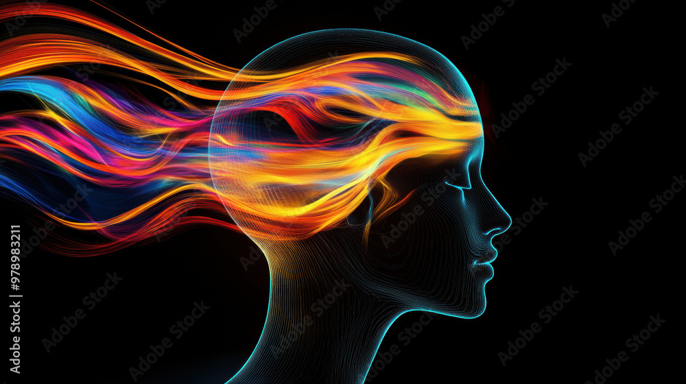 A vibrant abstract representation of head filled with colorful flowing hair, showcasing dynamic movement and energy. design evokes creativity and imagination A vibrant abstract representation of head filled with colorful flowing hair, showcasing dynamic movement and energy. design evokes creativity and imagination