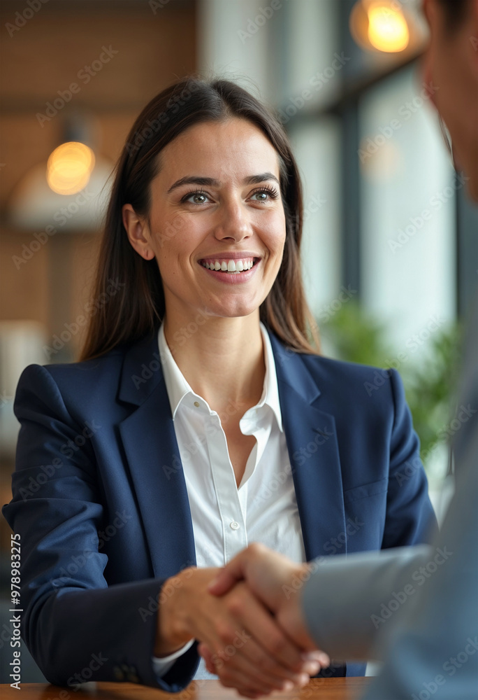 Happy young professional business woman handshaking client at meeting, female hr recruiter at job interview, insurance agent, lawyer at contract deal, project deal Happy young professional business woman handshaking client at meeting, female hr recruiter at job interview, insurance agent, lawyer at contract deal, project deal