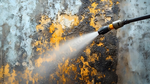 Close-up of a gritty wall being cleaned with a pressure washer, the intense water spray removing layers of dirt, vibrant colors reappearing photo