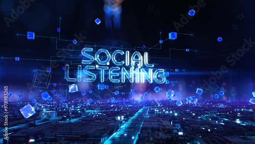 Social Listening - businessman working with virtual reality at office.