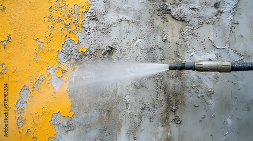 Close-up of a gritty wall being cleaned with a pressure washer, the intense water spray removing layers of dirt, vibrant colors reappearing photo