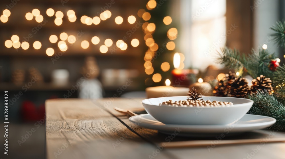 Cozy Christmas table setting with pine cones, white bowl, wooden table, and festive lights for a warm holiday atmosphere. Cozy Christmas table setting with pine cones, white bowl, wooden table, and festive lights for a warm holiday atmosphere.