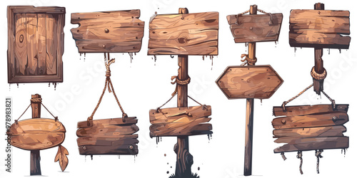 A collection of wooden signs with ropes hanging from them. The signs are all different sizes and shapes, and they appear to be old and weathered. Scene is rustic and nostalgic