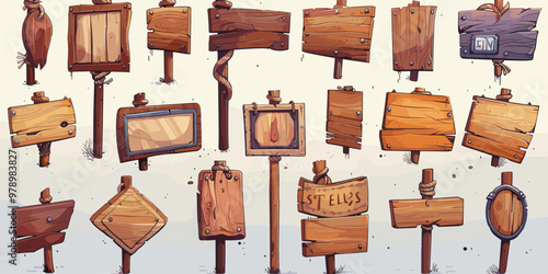 A collection of wooden signs with various shapes and sizes, including a sign that says "Sterlus"