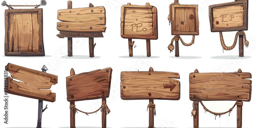 A collection of wooden signs with one of them saying "POP". The signs are all different sizes and shapes, and they are all hanging on a rope