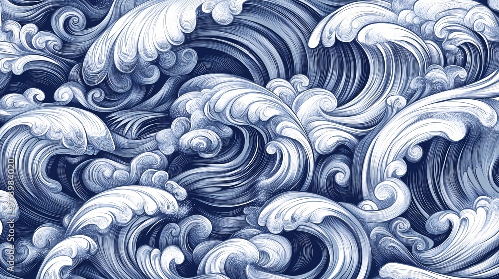 Abstract seamless pattern with stylized waves in blue and white colors. Abstract seamless pattern with stylized waves in blue and white colors.