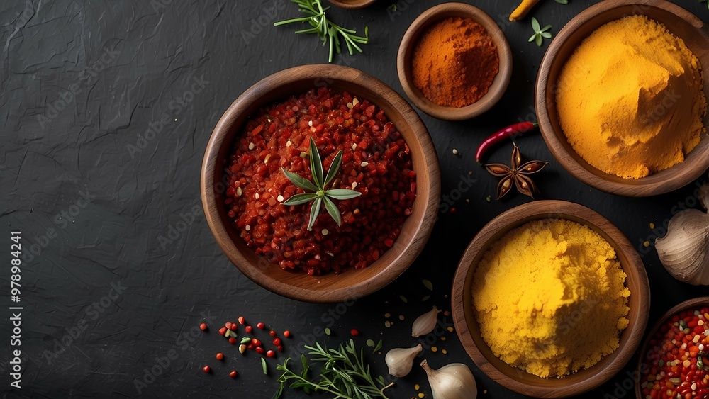 Top View of Cooking Ingredients with Vibrant Spices and Salsa – Culinary Art Photography Top View of Cooking Ingredients with Vibrant Spices and Salsa – Culinary Art Photography
