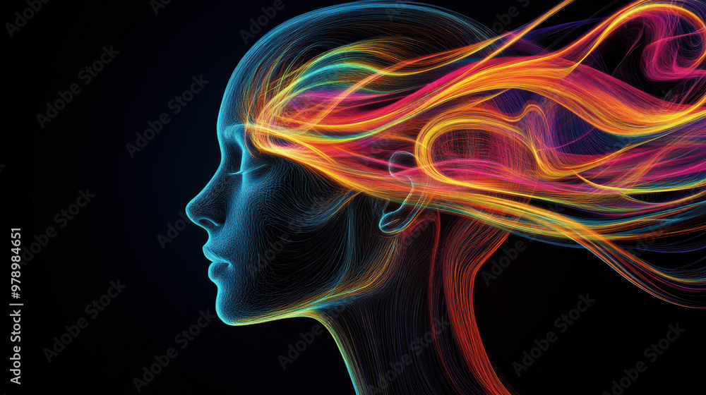 image features an abstract representation of head filled with vibrant, flowing colors, symbolizing creativity and thought. dynamic lines evoke sense of movement and energy image features an abstract representation of head filled with vibrant, flowing colors, symbolizing creativity and thought. dynamic lines evoke sense of movement and energy