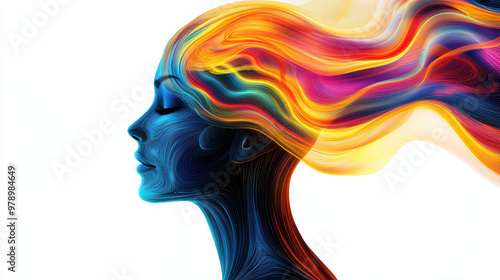 A vibrant abstract representation of womans profile, showcasing flowing hair in vivid colors like orange, red, and blue. dynamic lines create sense of movement and emotion