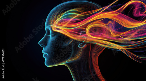 image features an abstract representation of head filled with vibrant, flowing colors, symbolizing creativity and thought. dynamic lines evoke sense of movement and energy