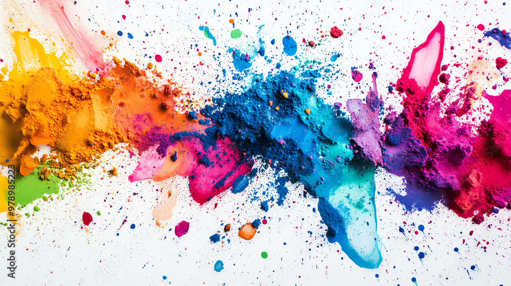 Fototapeta premium Abstract colorful paint splatters on a white background.