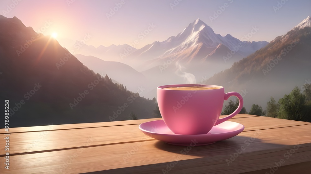 A pink coffee cup placed on a wooden table, with morning sunshine casting warm, golden light. In the background, a breathtaking mountain view is visible, shrouded in a soft mist. A pink coffee cup placed on a wooden table, with morning sunshine casting warm, golden light. In the background, a breathtaking mountain view is visible, shrouded in a soft mist.