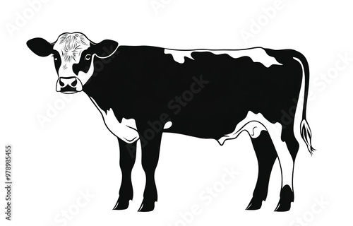 Cow silhouette, standing profile, simple lines, vector, transparent background. photo