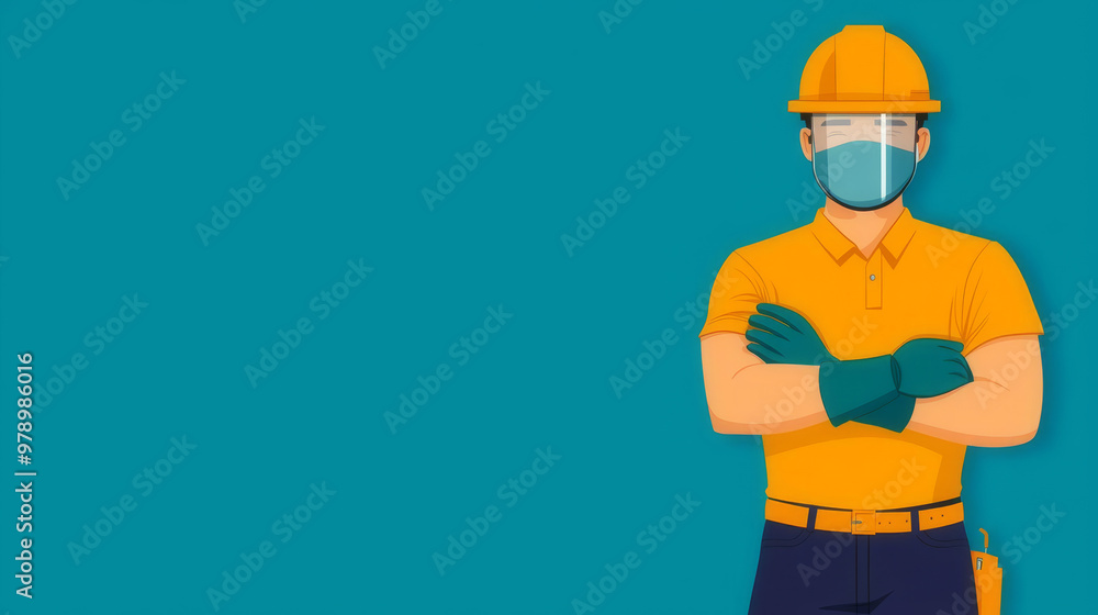 Worker with face shield and gloves, industrial task, flat design illustration Worker with face shield and gloves, industrial task, flat design illustration
