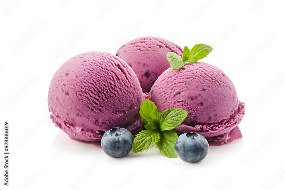 A tasty scoop balls of blueberry ice cream isolated on white background A tasty scoop balls of blueberry ice cream isolated on white background