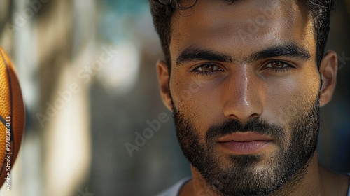 Close-up Portrait of a Handsome Man with a Basketball in the Background