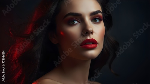Wallpaper Mural Fashion editorial Concept. Closeup portrait of stunning pretty woman with chiseled features, red makeup and dark hair. illuminated with dynamic composition and dramatic lighting. copy text space Torontodigital.ca