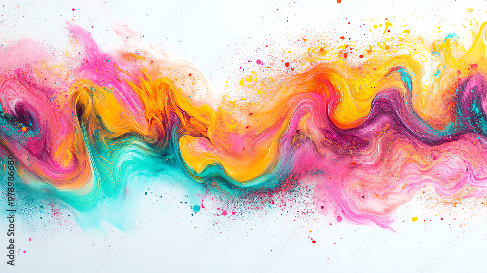 Fototapeta premium Abstract colorful paint swirls and splatters on white background.