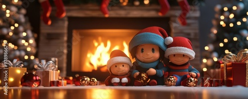 Cute Christmas figurines in front of a fireplace, surrounded by festive decorations and presents. Cozy holiday scene with warm lighting.