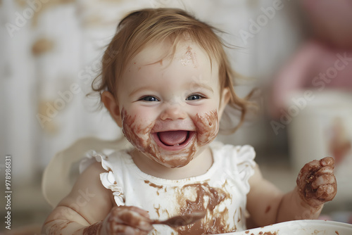 A close-up of a laughing baby girl with a messy face, happily eating with a spoon. Her eyes sparkle with joy, and food is smeared across her cheeks and chin