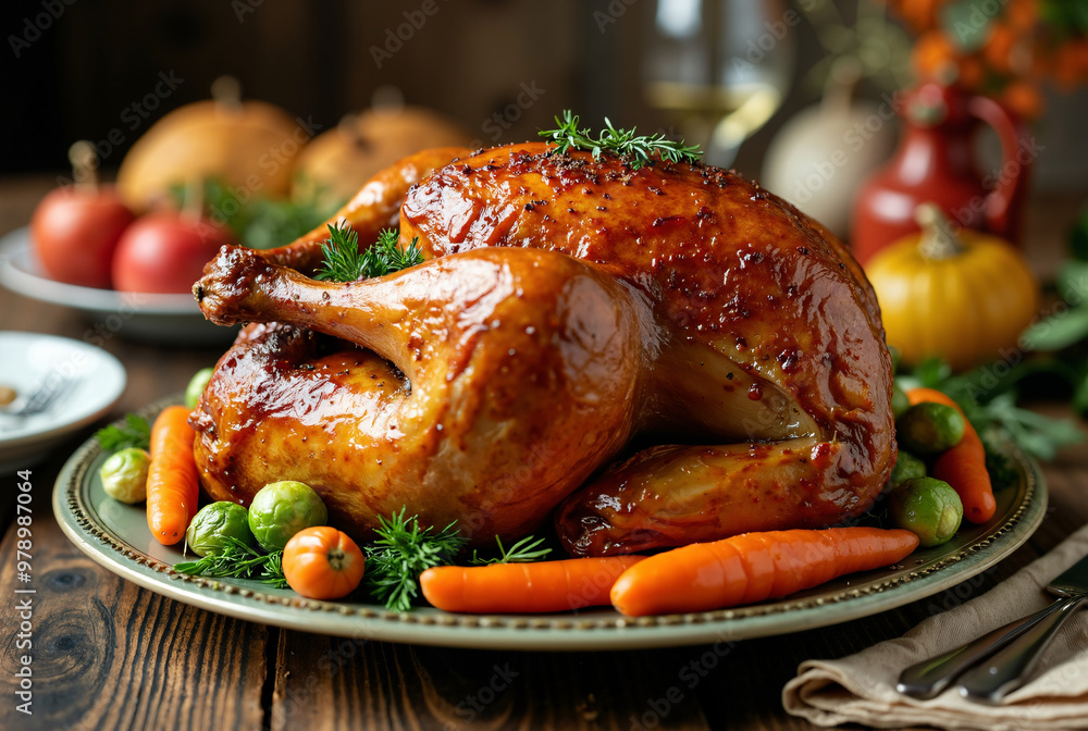 Golden Roasted Turkey with Seasonal Vegetables: Perfect for Holiday Ads, Culinary Magazines, and Festive Promotions Golden Roasted Turkey with Seasonal Vegetables: Perfect for Holiday Ads, Culinary Magazines, and Festive Promotions