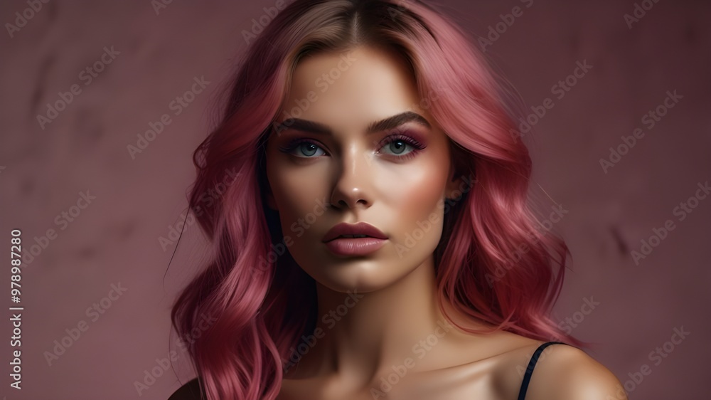Fashion editorial Concept. Closeup portrait of stunning pretty woman with chiseled features, pink makeup and hair. illuminated with dynamic composition and dramatic lighting. copy text space Fashion editorial Concept. Closeup portrait of stunning pretty woman with chiseled features, pink makeup and hair. illuminated with dynamic composition and dramatic lighting. copy text space