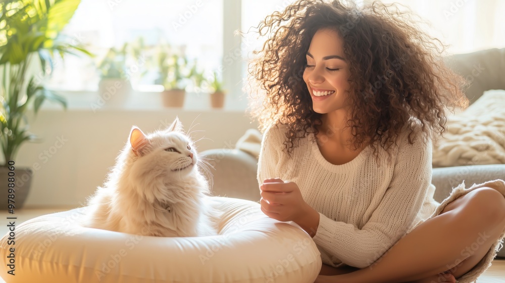 Smiling young woman playing with fluffy white cat in sunlit living room Smiling young woman playing with fluffy white cat in sunlit living room