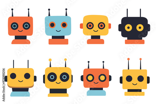 Set of minimalist cute robot heads, made of simple rectangles, vector set isolated on white