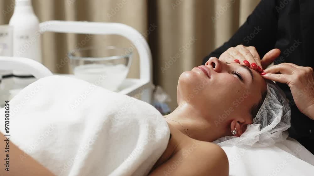 Close-up of a masseur's hands performing a relaxing facial massage on a young woman in a beauty salon. This scene highlights professional care and the soothing benefits of a spa treatment. Close-up of a masseur's hands performing a relaxing facial massage on a young woman in a beauty salon. This scene highlights professional care and the soothing benefits of a spa treatment.