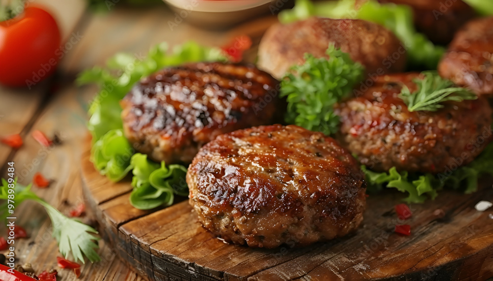 Tasty vegan cutlets served on wooden table, closeup Tasty vegan cutlets served on wooden table, closeup