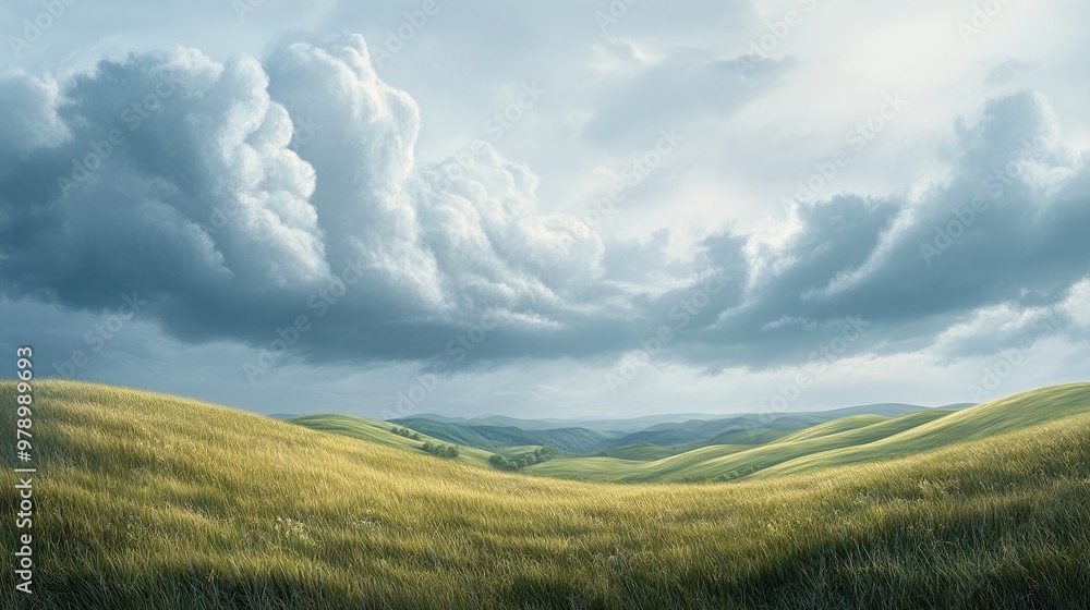 Obraz premium Rolling green hills under a dramatic sky with fluffy clouds.