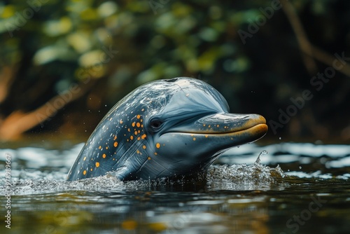 A dolphin surfacing in calm waters, showcasing its unique spotted skin. photo