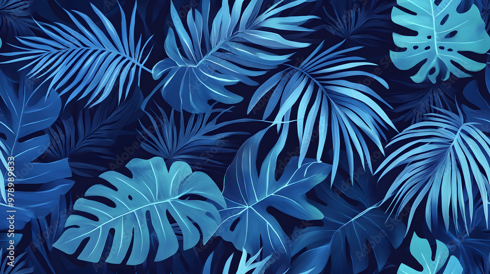Seamless pattern featuring layered tropical leaves in varying shades of blue Seamless pattern featuring layered tropical leaves in varying shades of blue