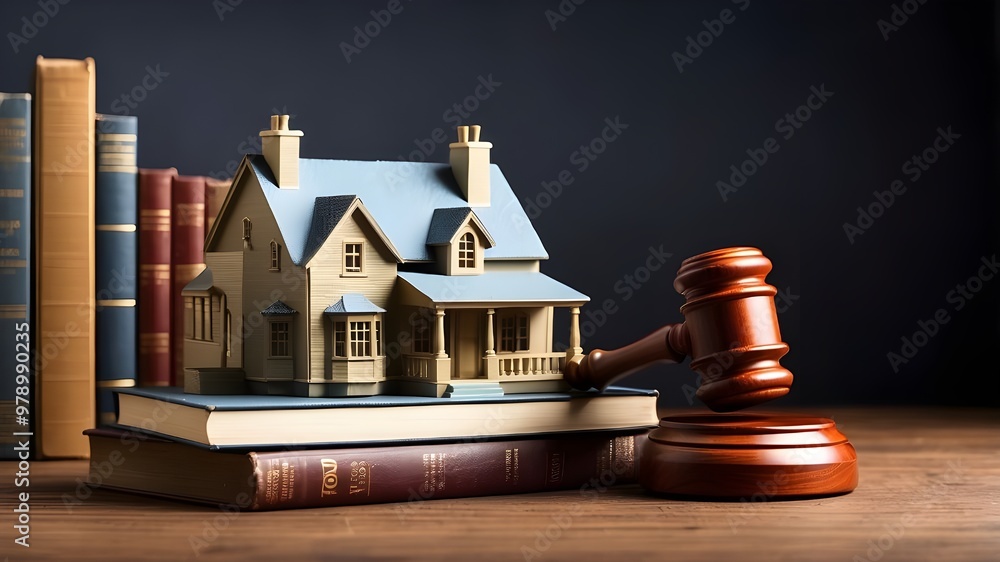 Real estate and auctioneering concepts. Law books, a model house, and a gavel. The idea of real estate law Real estate and auctioneering concepts. Law books, a model house, and a gavel. The idea of real estate law