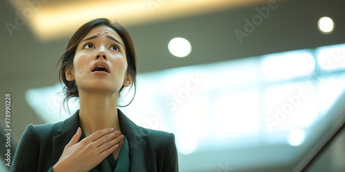 Worried businesswoman looking up inside a modern building, wearing a suit and expressing concern or uncertainty. photo