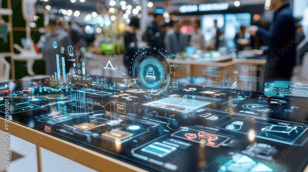 Futuristic Interactive Table with Holographic Interface and Graphic Elements Futuristic Interactive Table with Holographic Interface and Graphic Elements