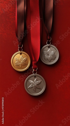 3D Collection of real gold medals for first place,Champion and winner awards medal set with red ribbon for school university or national or olympic sport even organization competition,3D render.