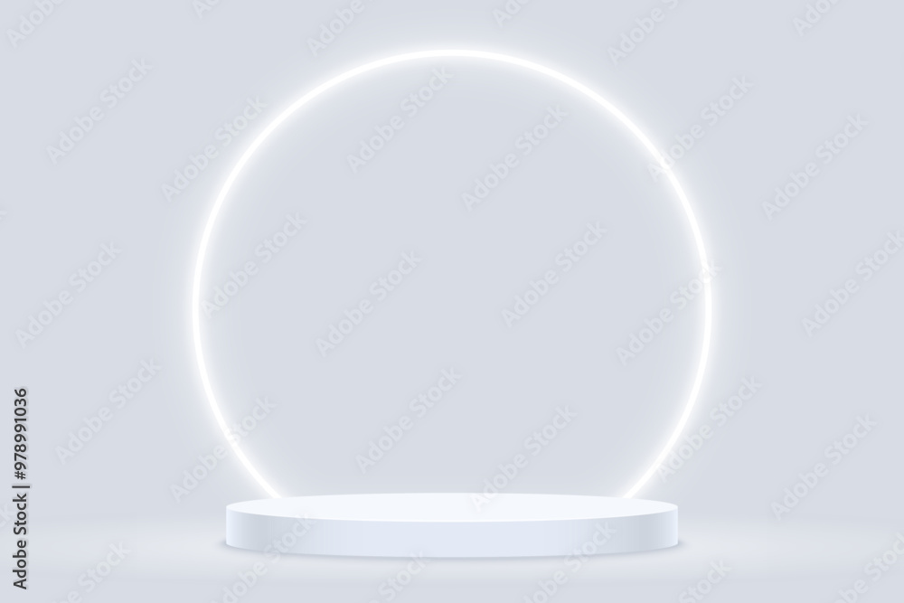 Light grey podium for product presentation with white neon illuminated Light grey podium for product presentation with white neon illuminated